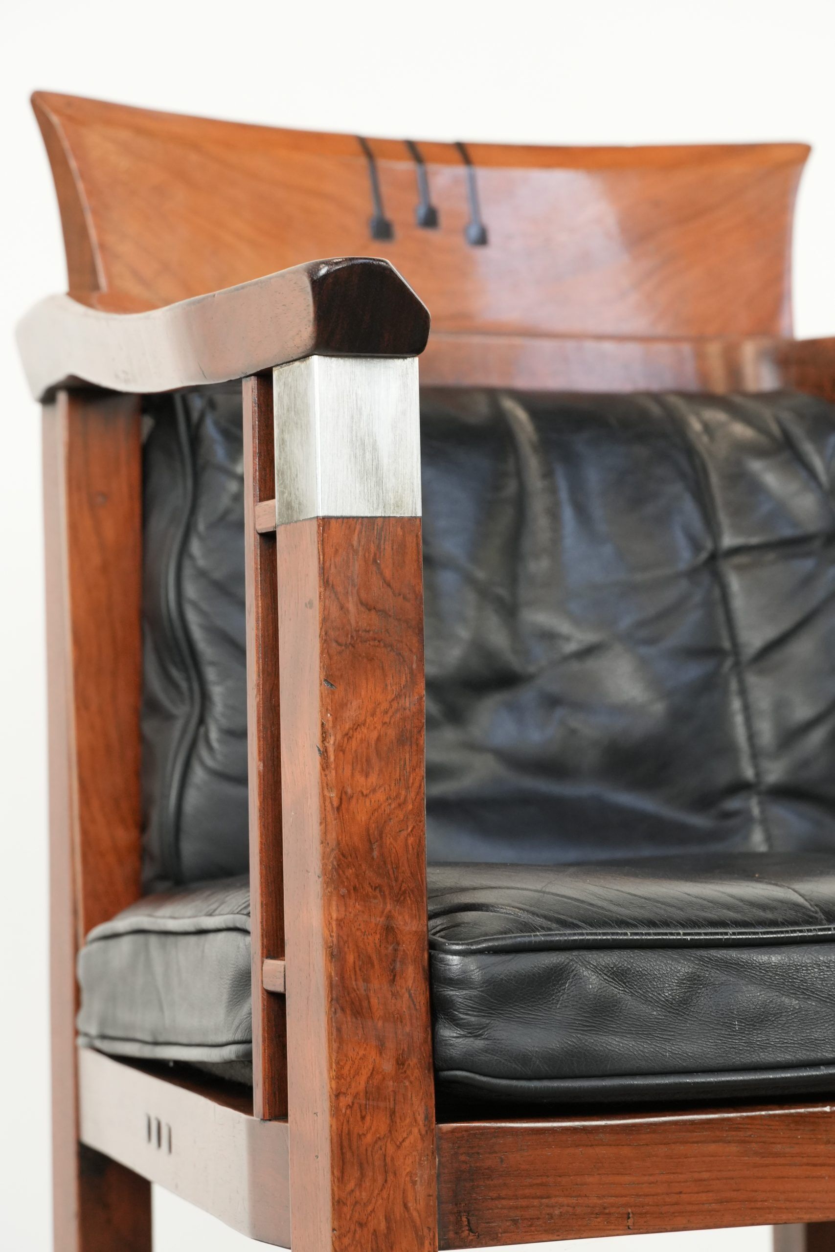 Black leather set of 2 Art Deco design dining/side chairs with armrests