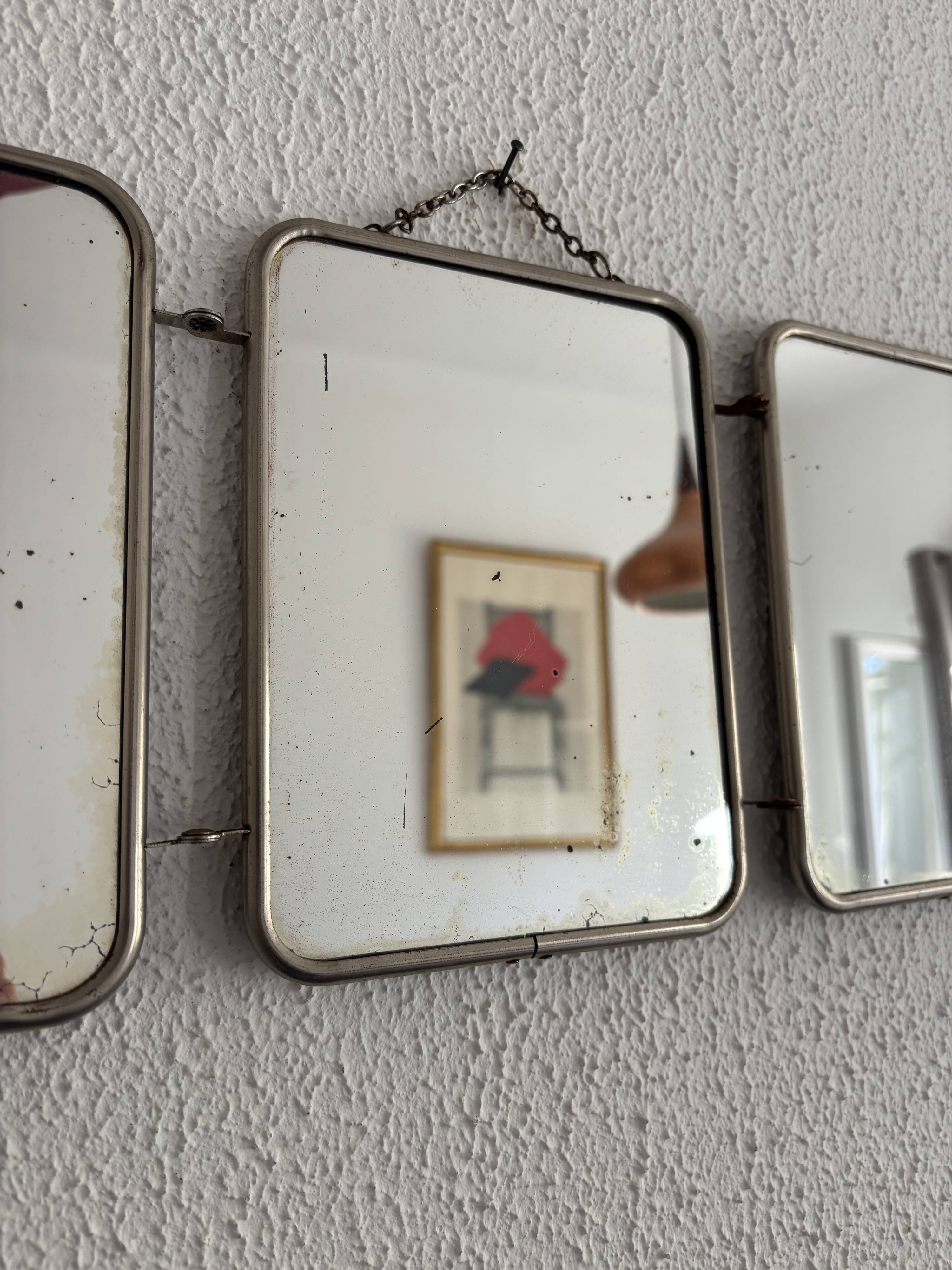 Vintage 1960s triptych mirror barber blue crocodile effect - 20 x