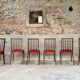 Set of 6 vintage wooden chairs – Psychedelic red fabric