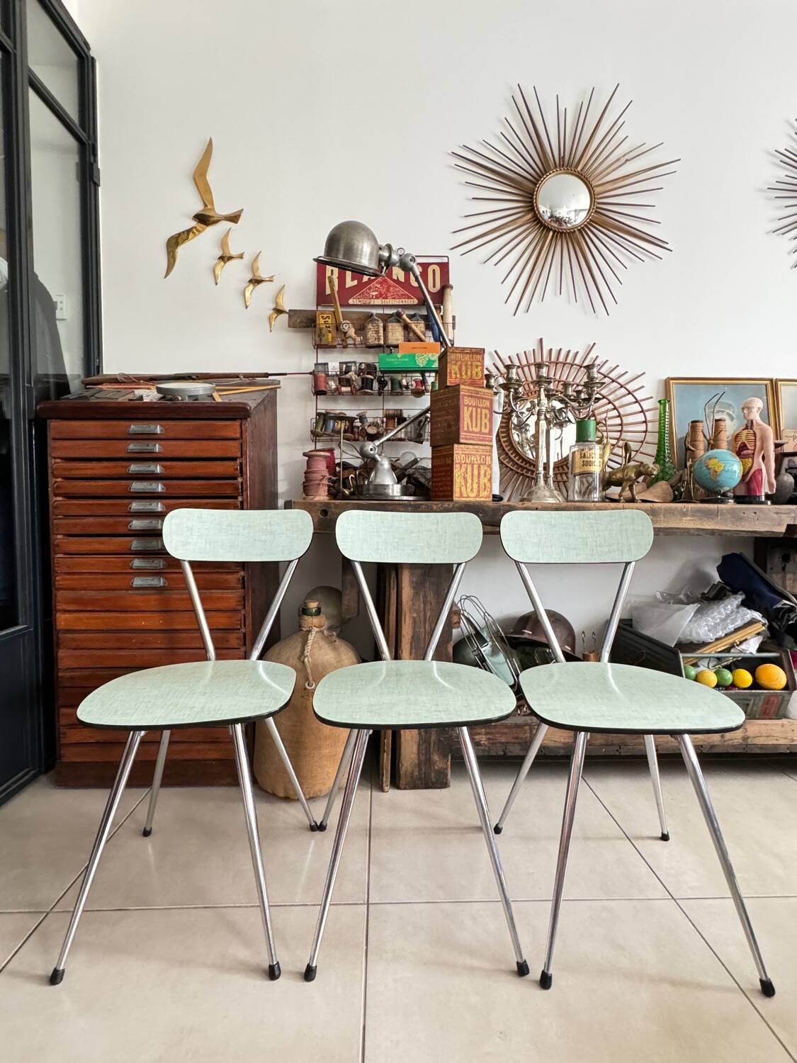 Set of 3 green Formica chairs