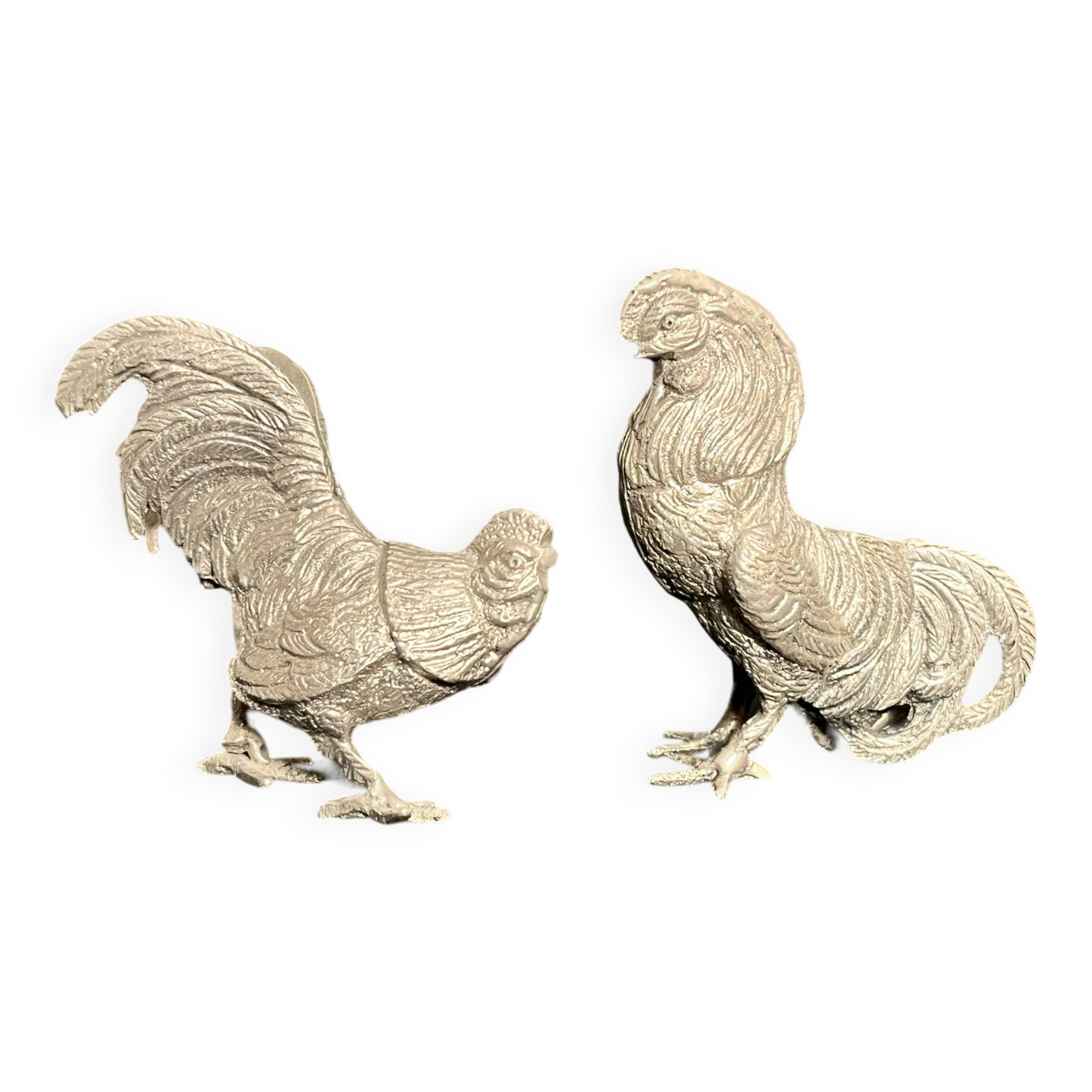 Showcase objects, two 20th century metal rooster and hen subjects