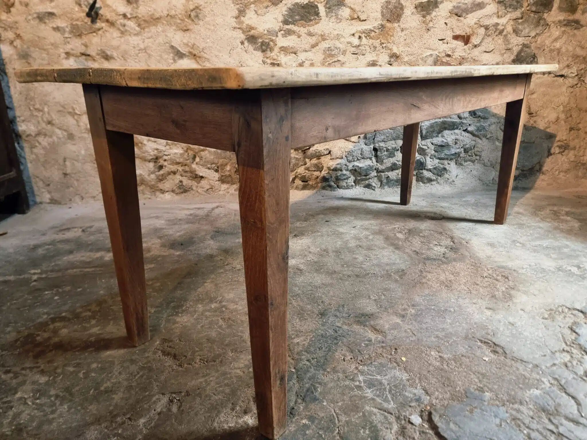 Antique French country dining table – Oak base and pine top, circa 1900