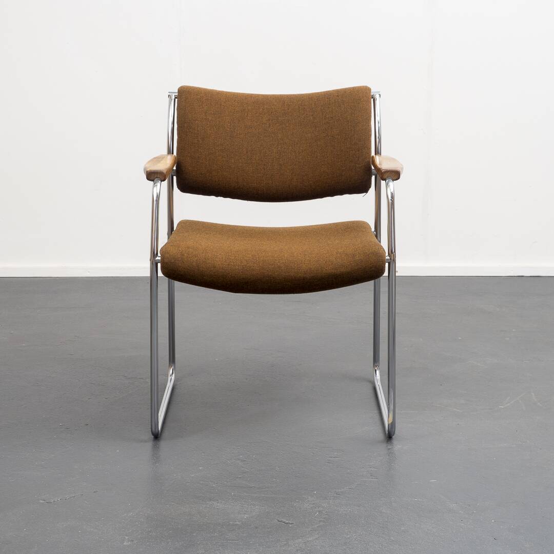 Armchair, 1960s, chrome metal frame, teak armrests.