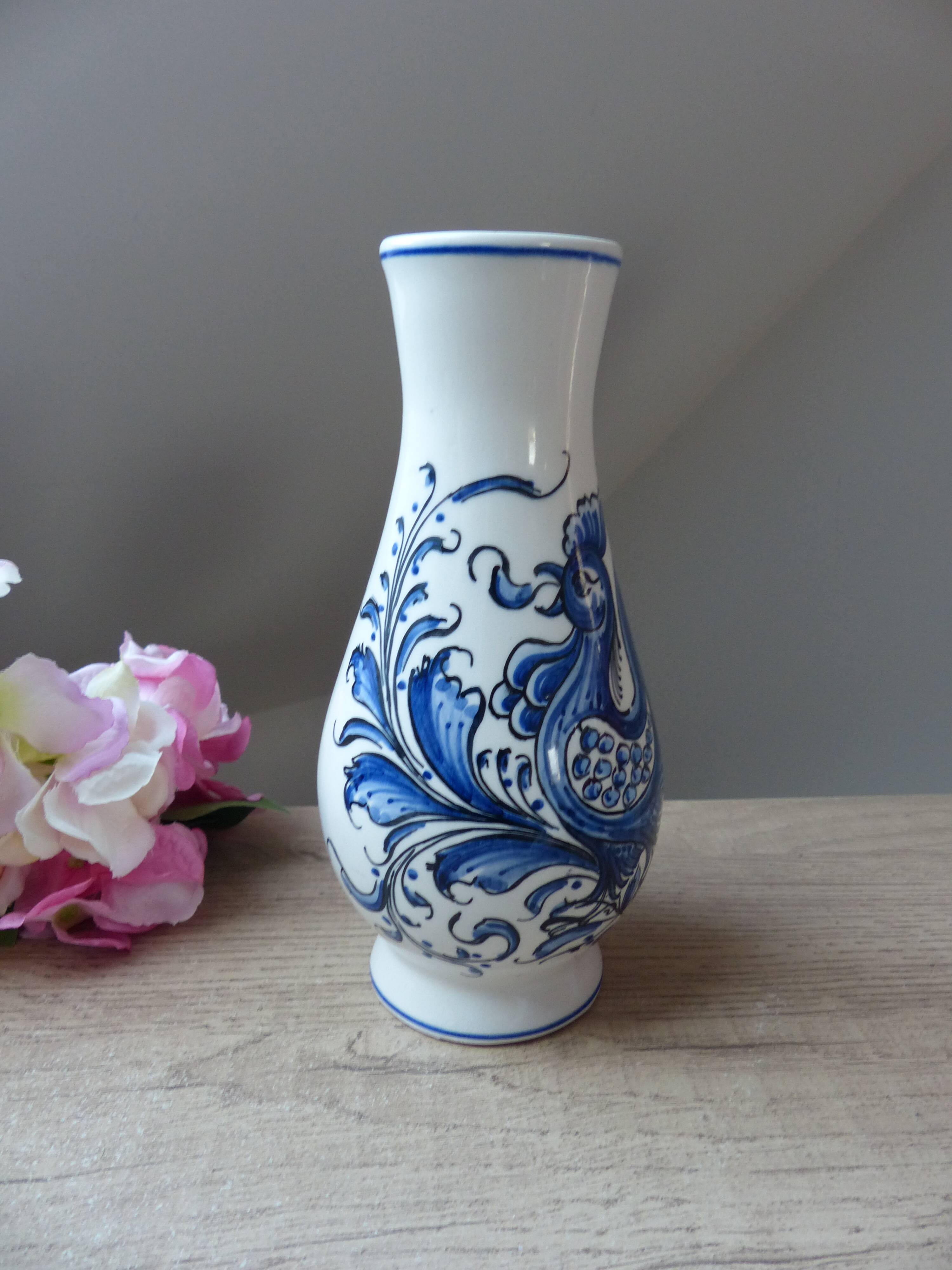 Ceramic Vase Bird Blue Hand-Painted Portugal