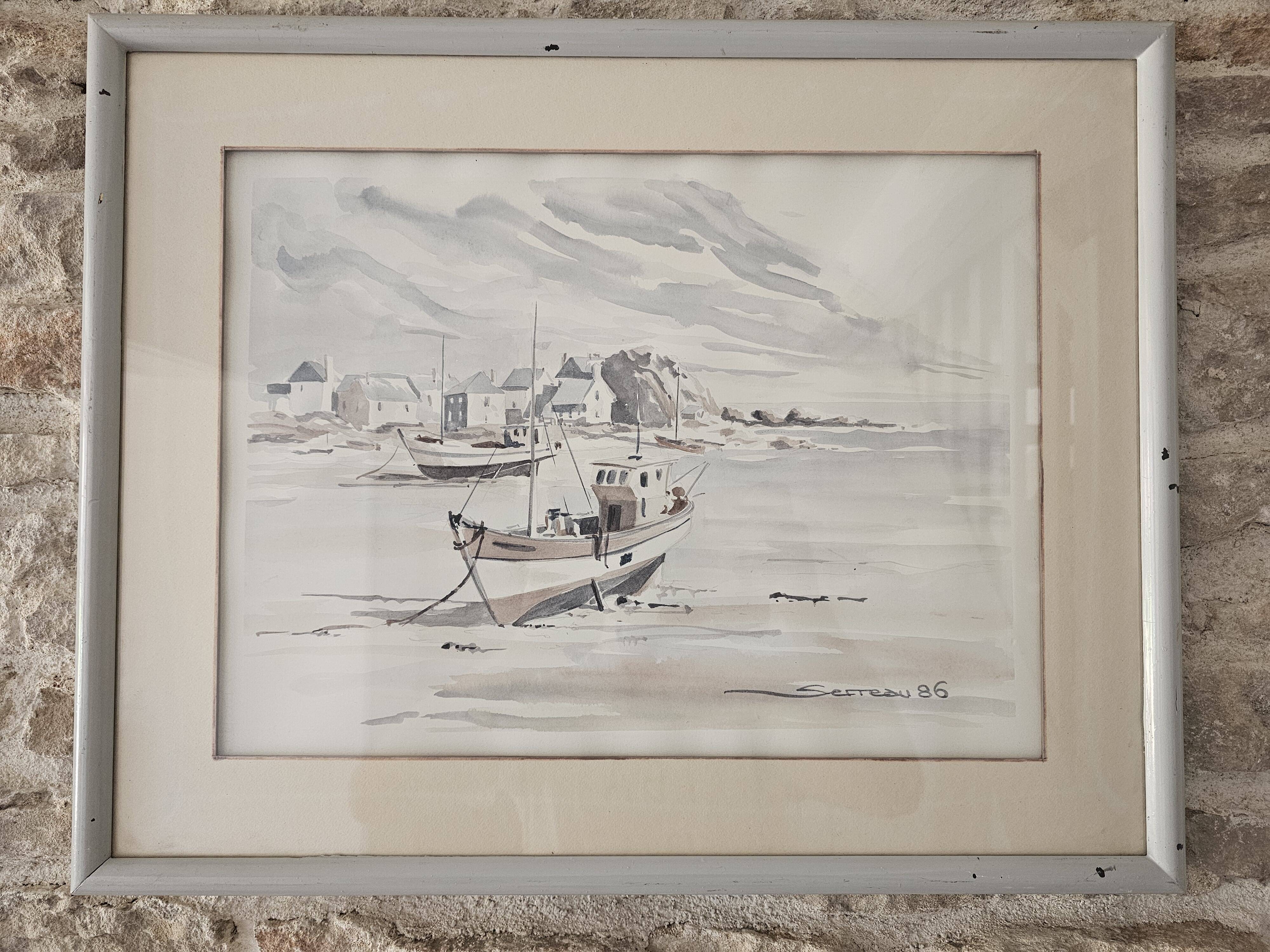 Tableau - Watercolour Landscape Brittany - Marine Boat - Signed Jen Pierre SER