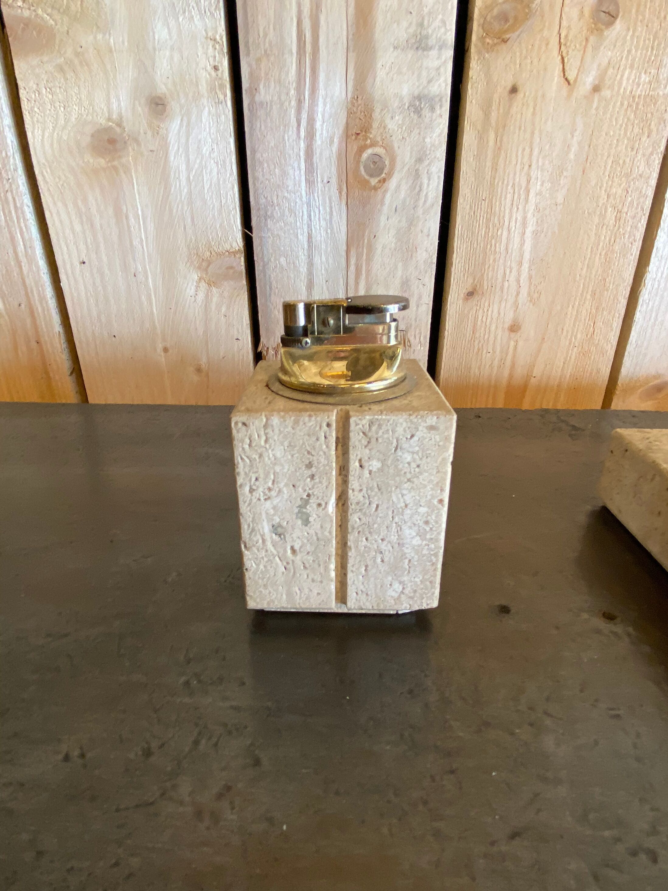 Cerrie Nestore travertine ashtray and table lighter set