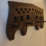 Brutalist style carved wooden coat rack with four hooks
