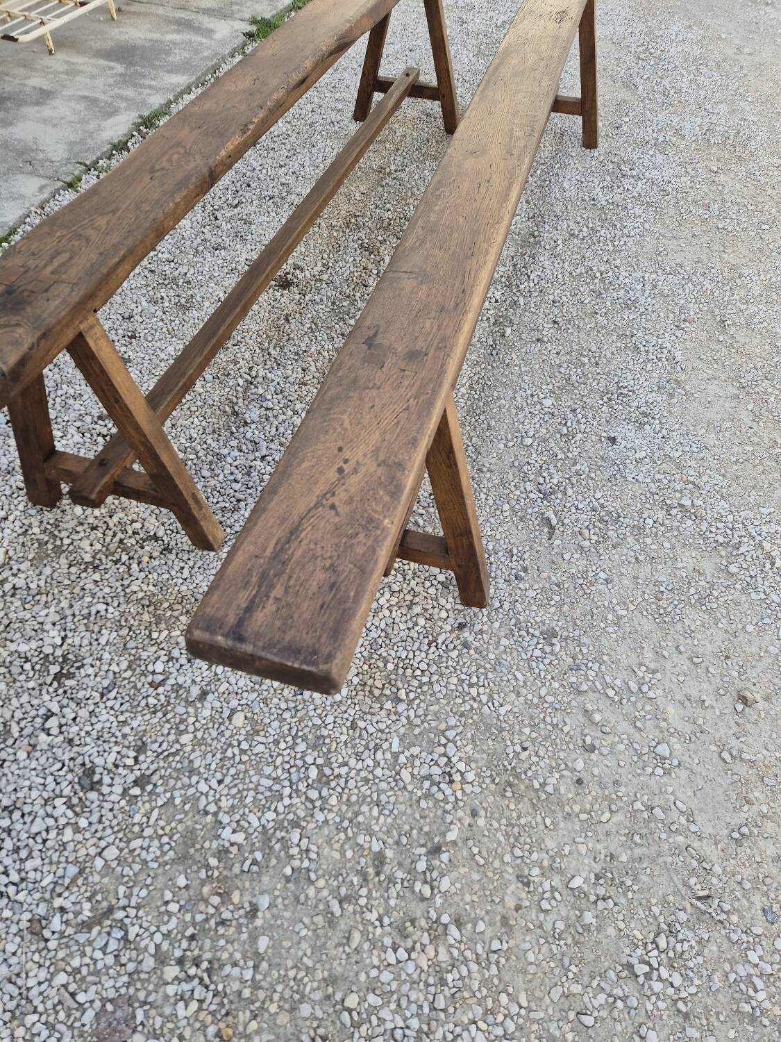 Pair of rustic solid oak farm benches 19th century - 2m90