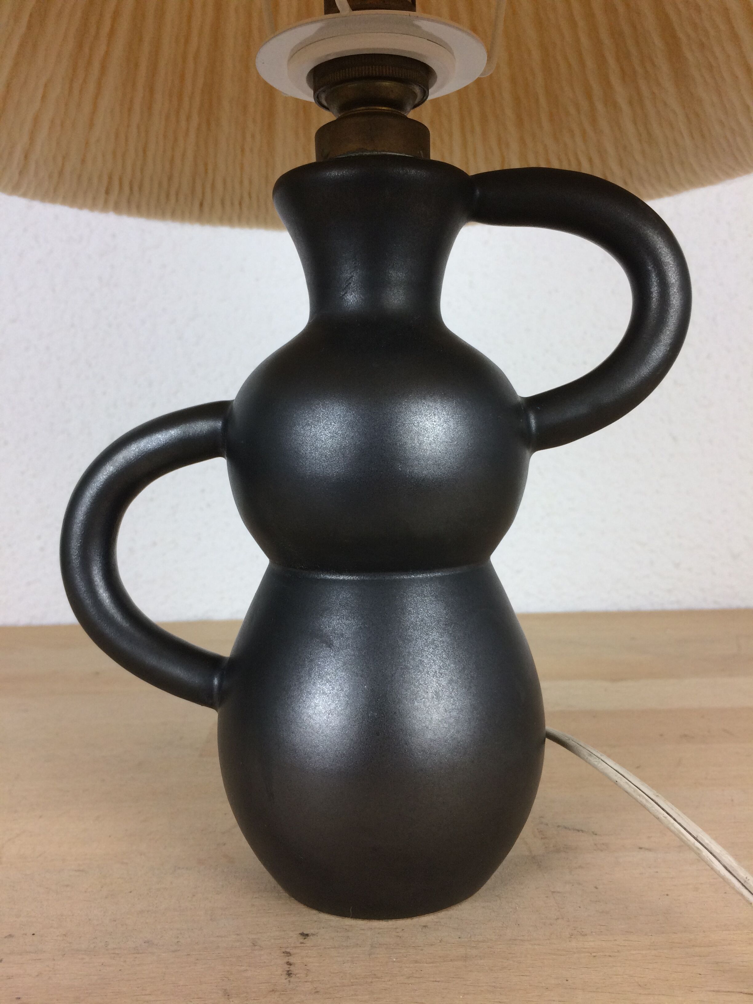 Black ceramic lamp Henri Chatard, 50s, wool lampshade