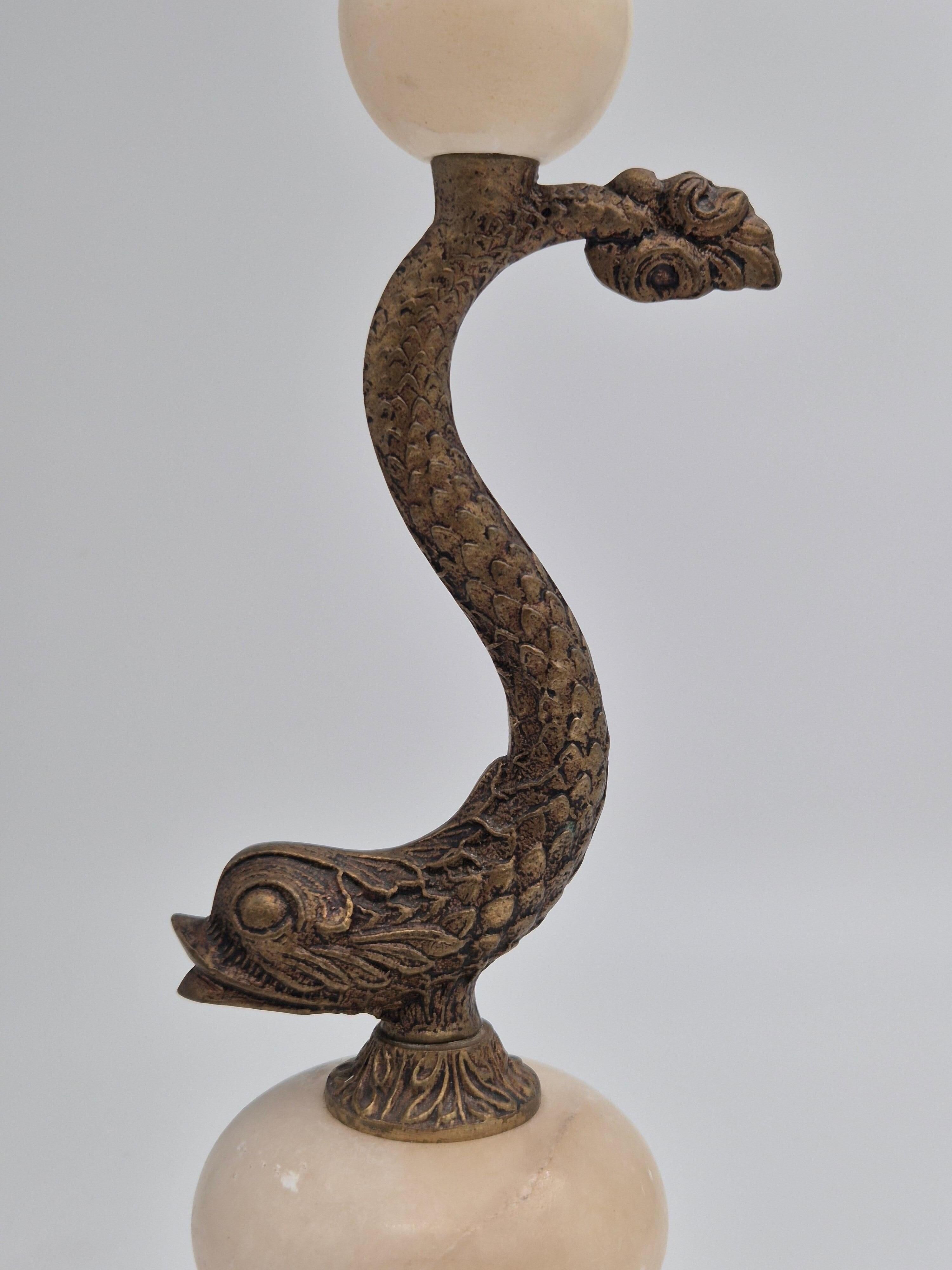 Sculptural table lamp in alabaster with fish/dolphin decoration, Swedish Grace