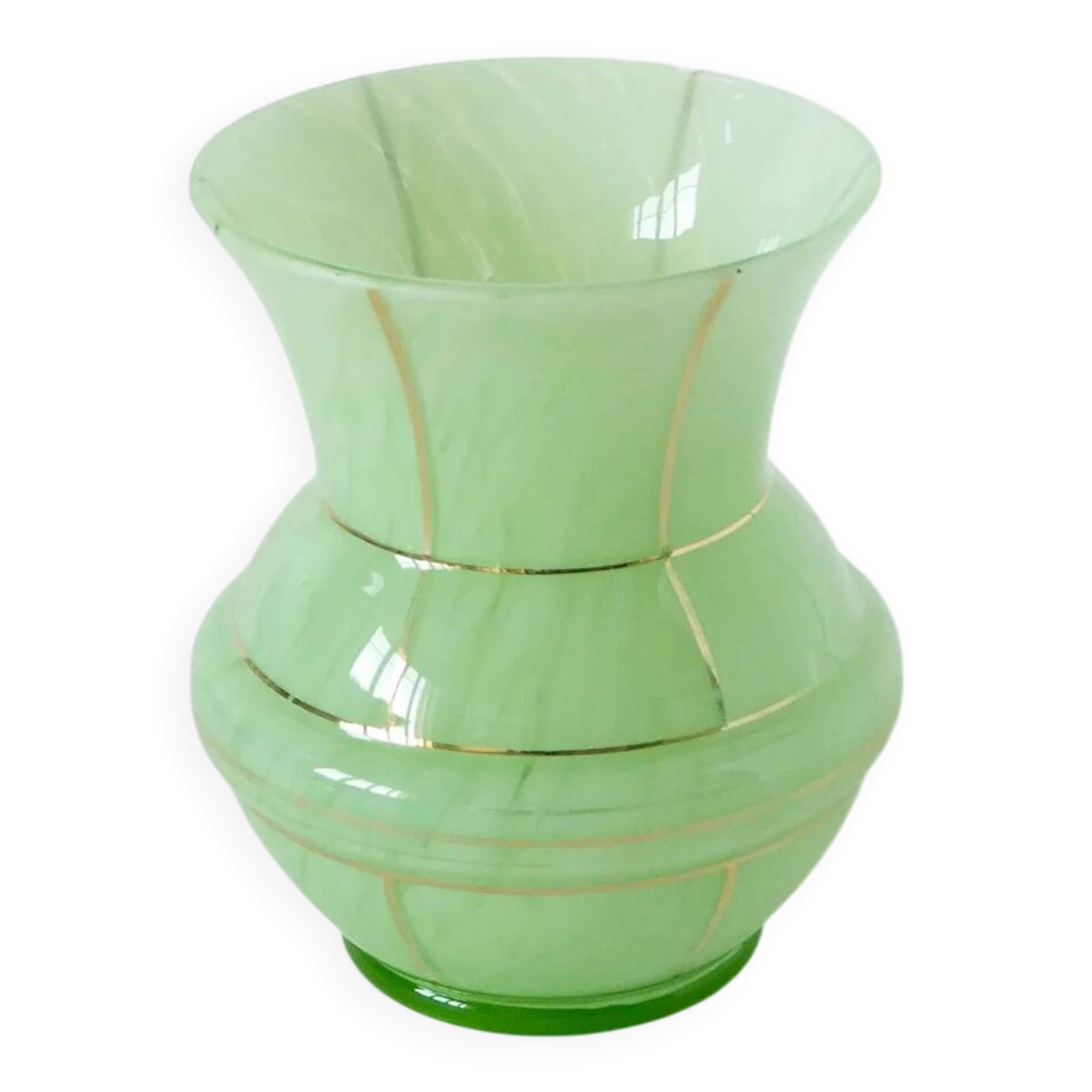 Clichy glass vase, mint green and gold, 1950