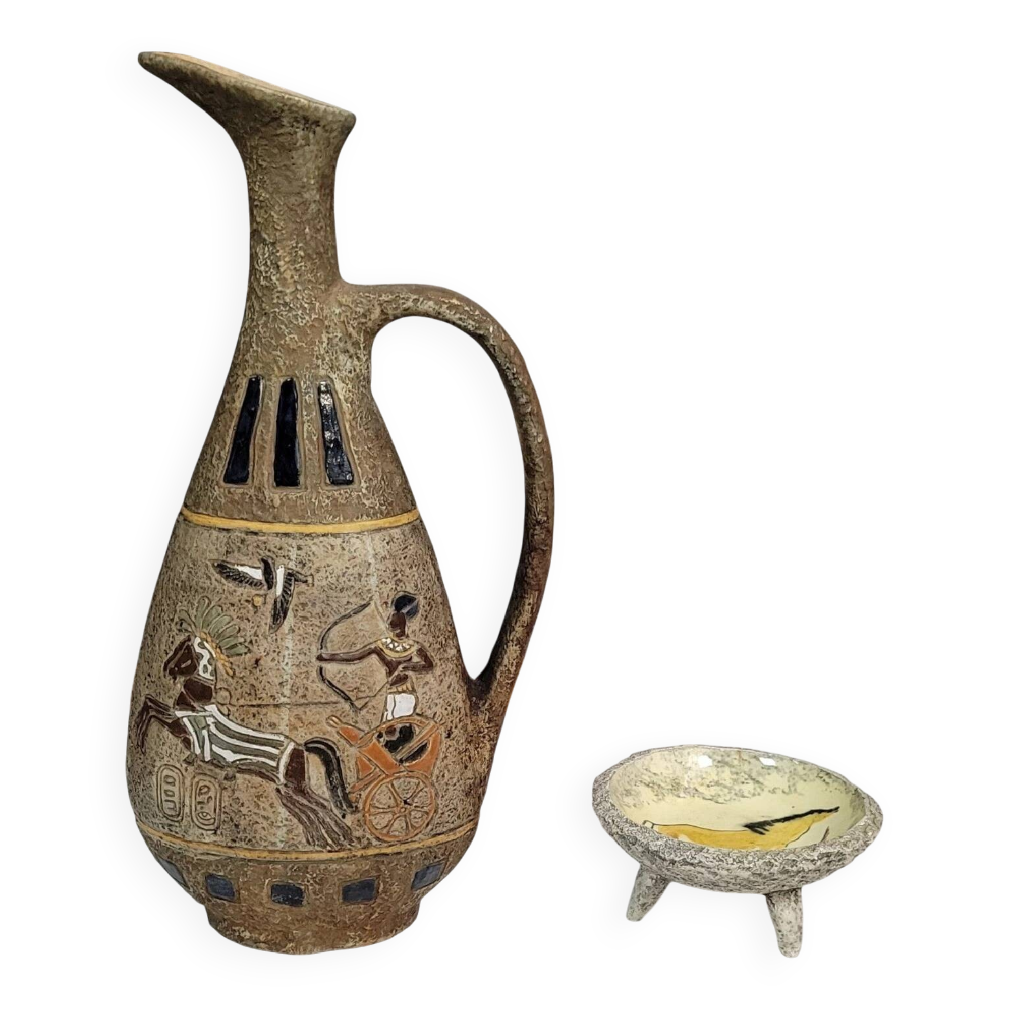 Atelier Garnier pottery: large pitcher with Lascaux decorations + André bowl