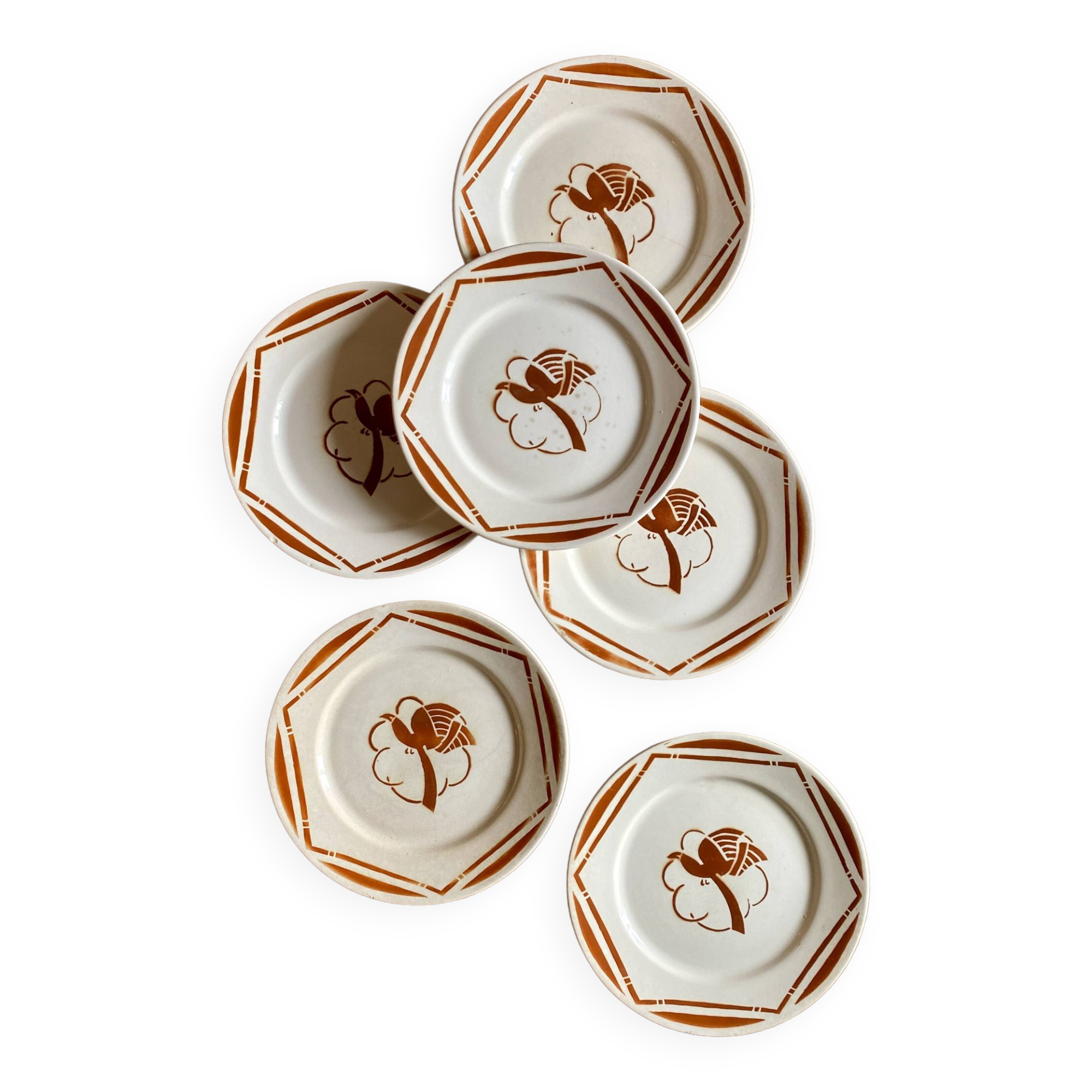Set of 6 vintage flat plates in iron earth, Paradis de Badonvillier models
