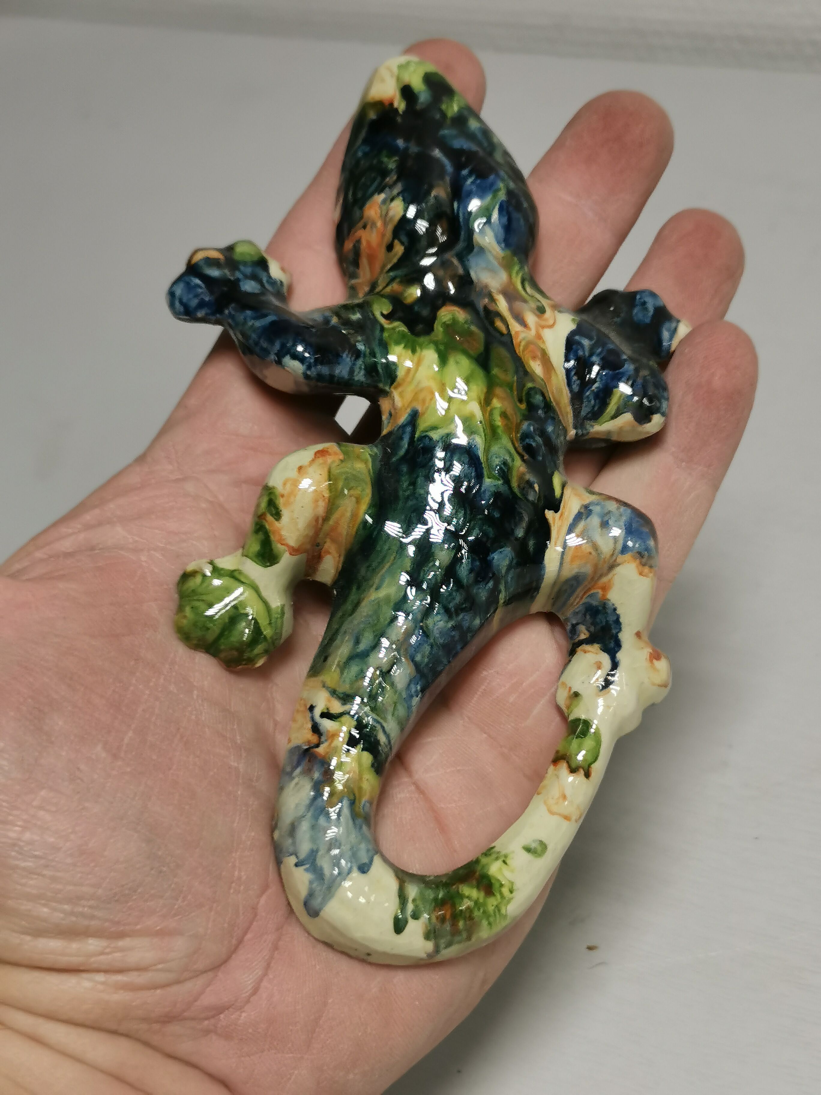 Set of 2 enamelled terracotta lizards, vintage wall decor
