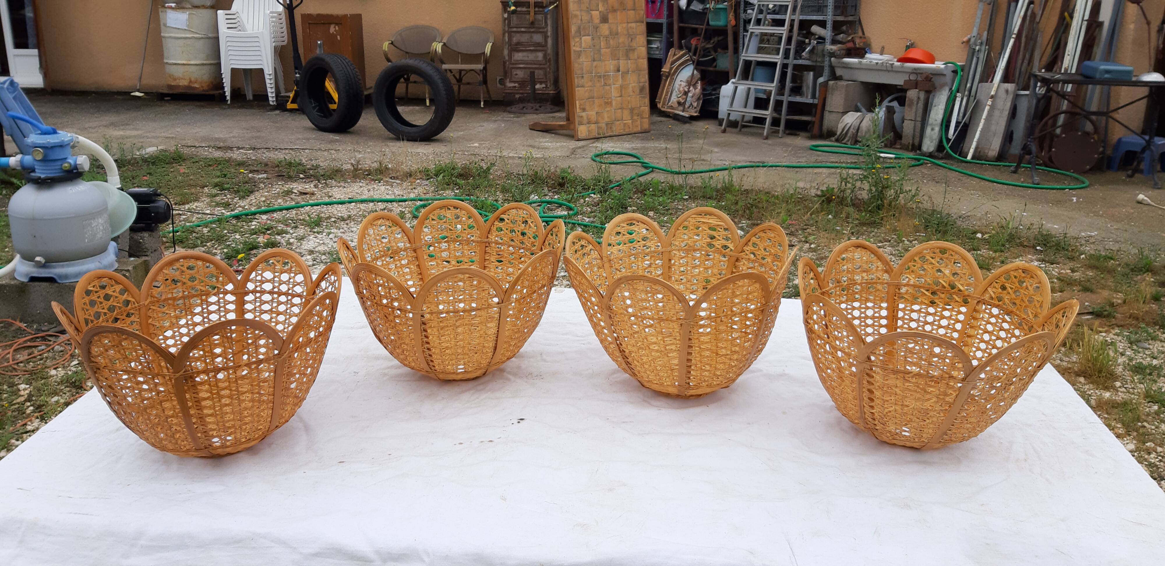 Set of 4 vintage wicker pendant lamps