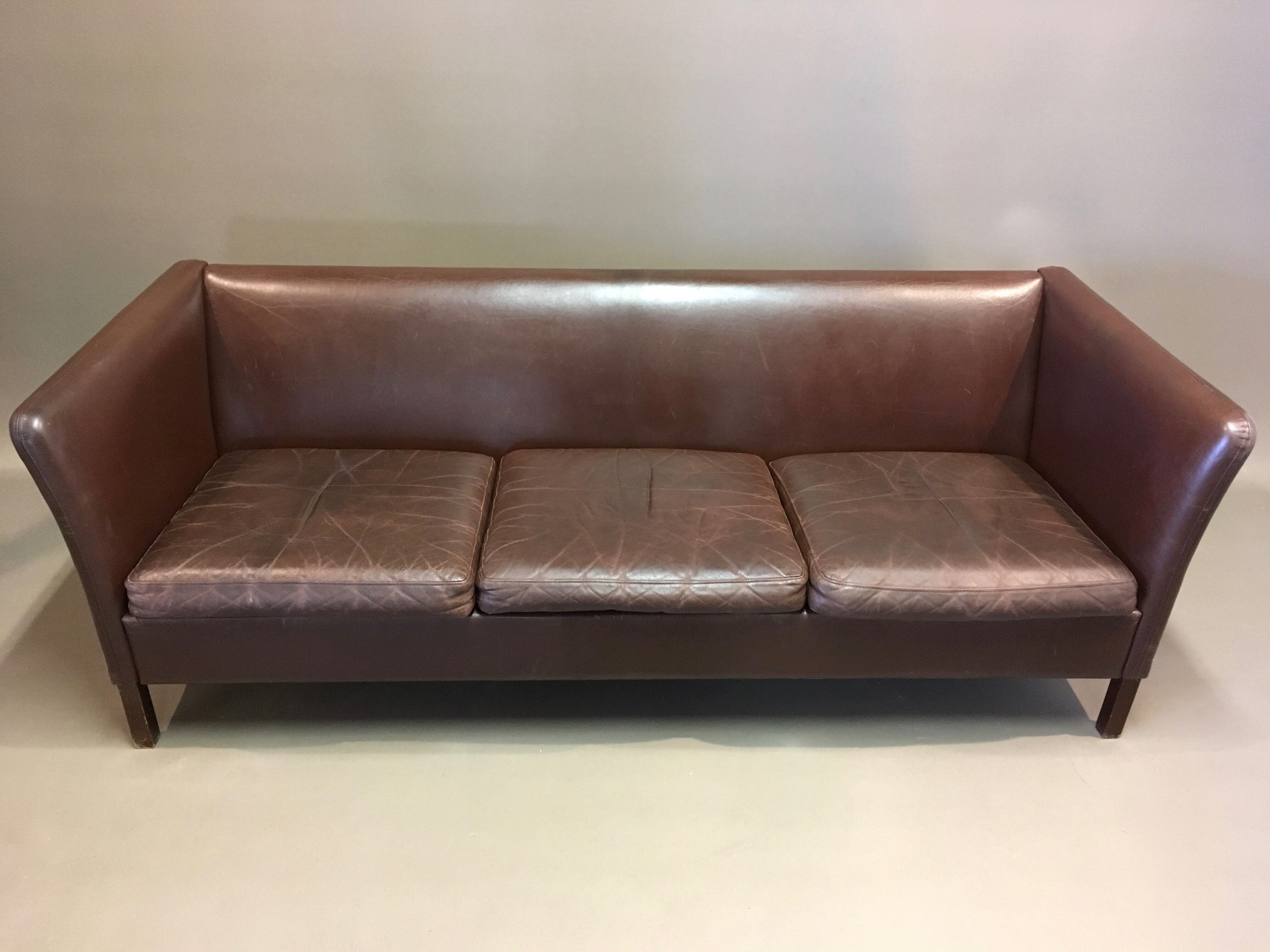 3-seater brown leather sofa Scandinavian design 1960.