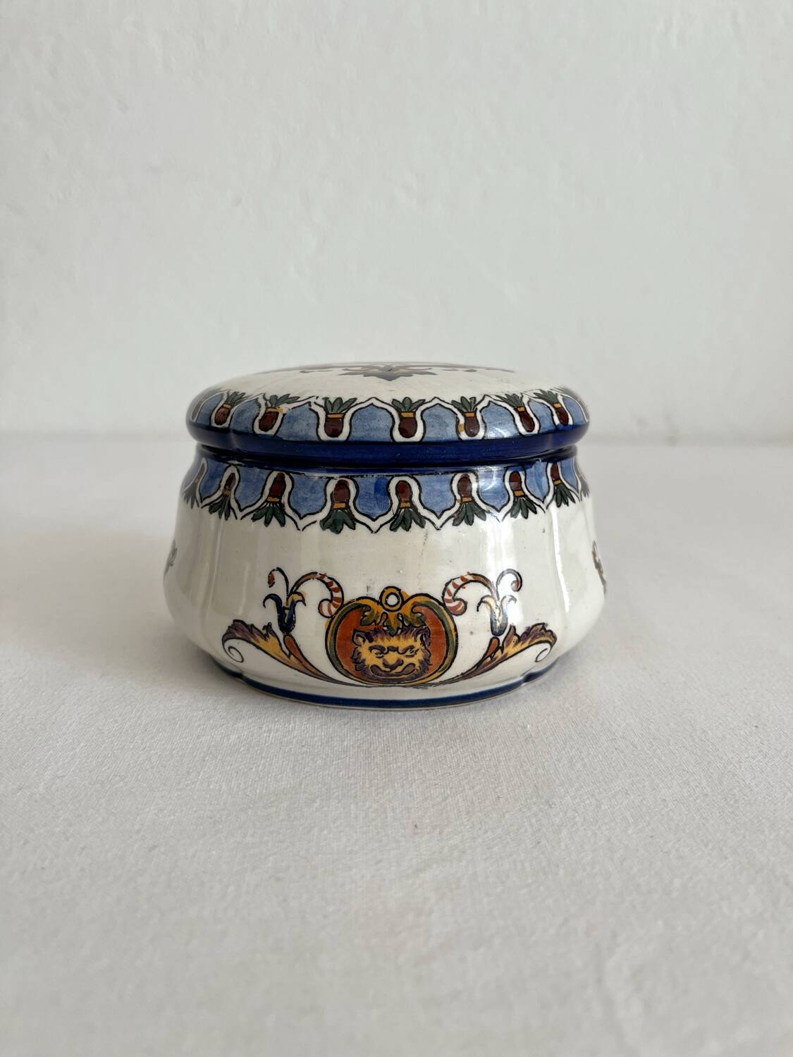 Antique Gien earthenware candy box with Renaissance decor