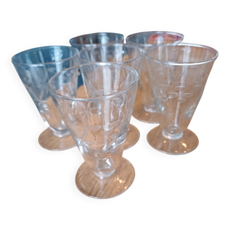 6 Port glasses, engraved crystal, art deco