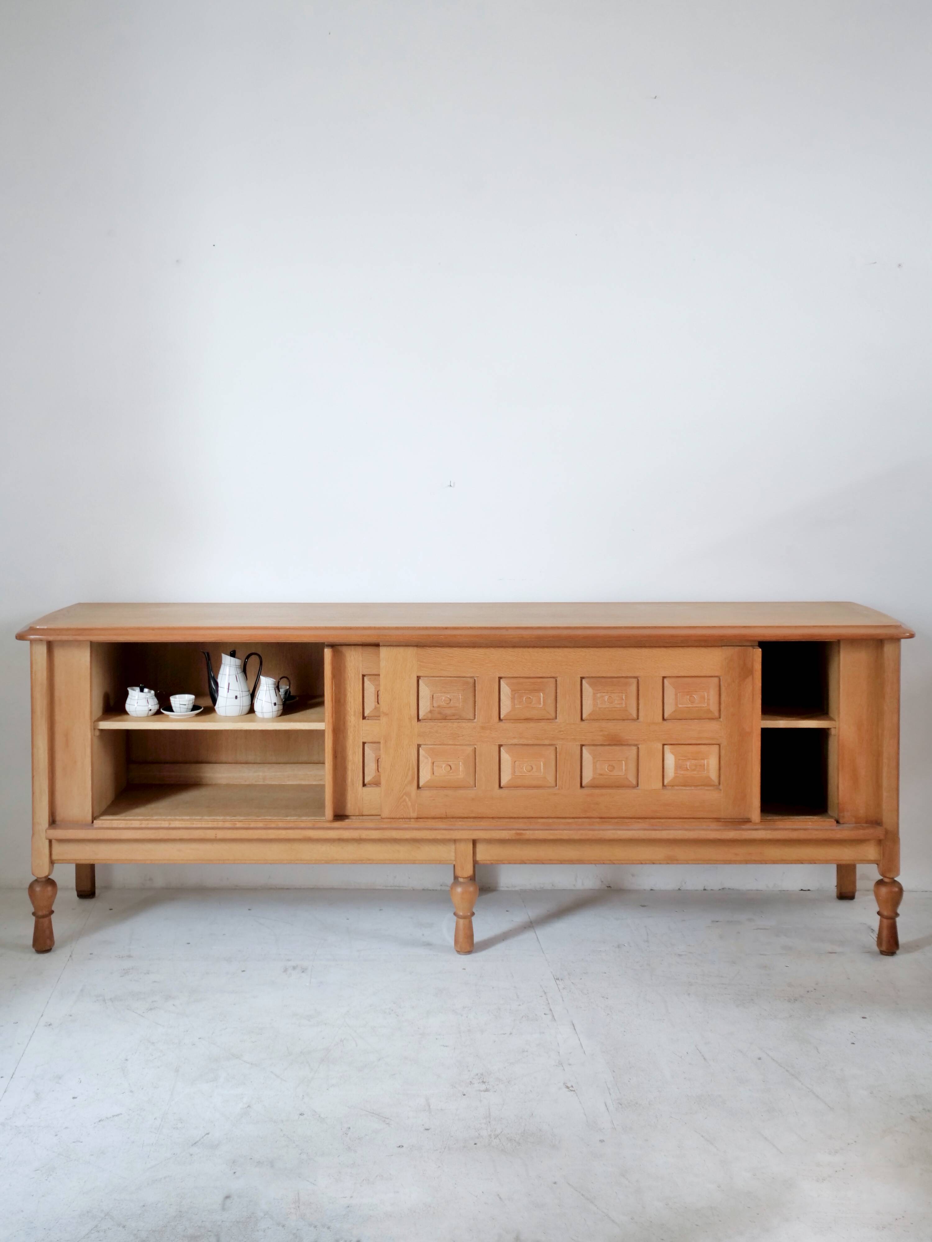 Guillerme and Chambron oak sideboard in light wood in a brutalist style.