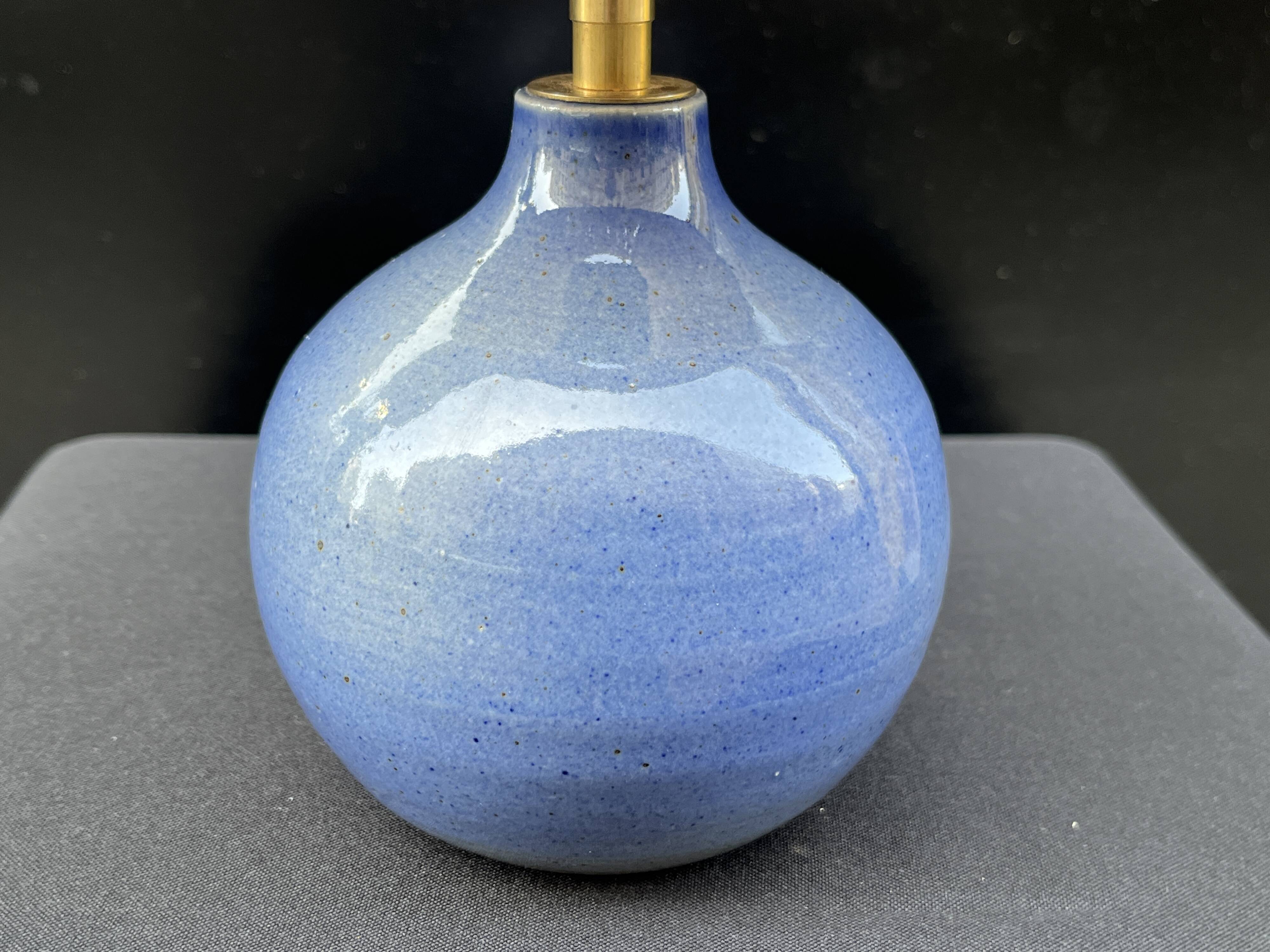 Vintage ball lamp base in blue ceramic stoneware with raffia rope lampshade