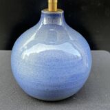 Vintage ball lamp base in blue ceramic stoneware with raffia rope lampshade