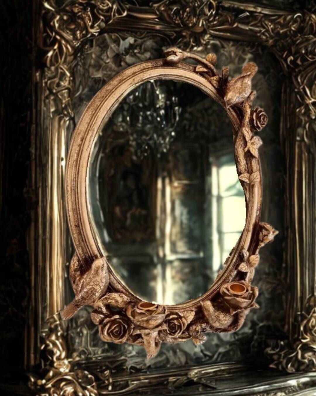Oval wall mirror in Art Nouveau style with a decoration of birds and roses.