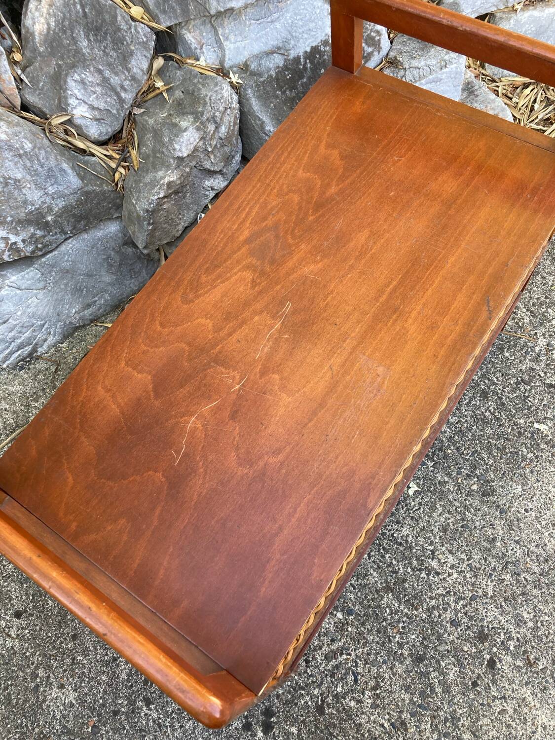 Vintage wood and rattan chest bench