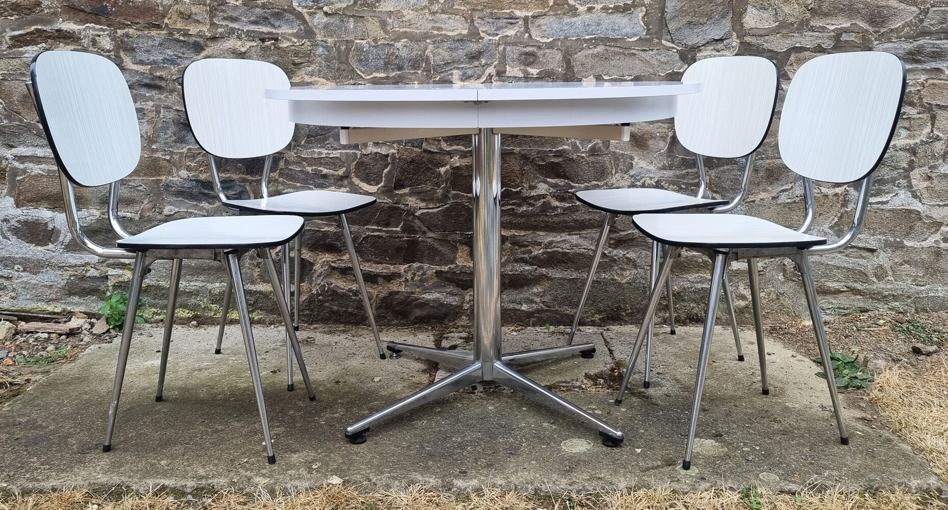 Round table and white formica chairs, vintage, 70s