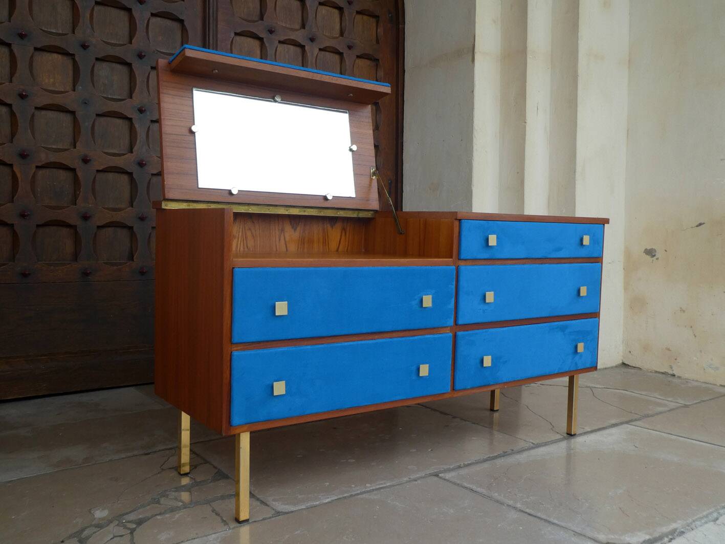 Teak and suede chest of drawers/dressing table, 1950