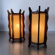Pair of brutalist table lamps, wood & parchment, France, 1970s