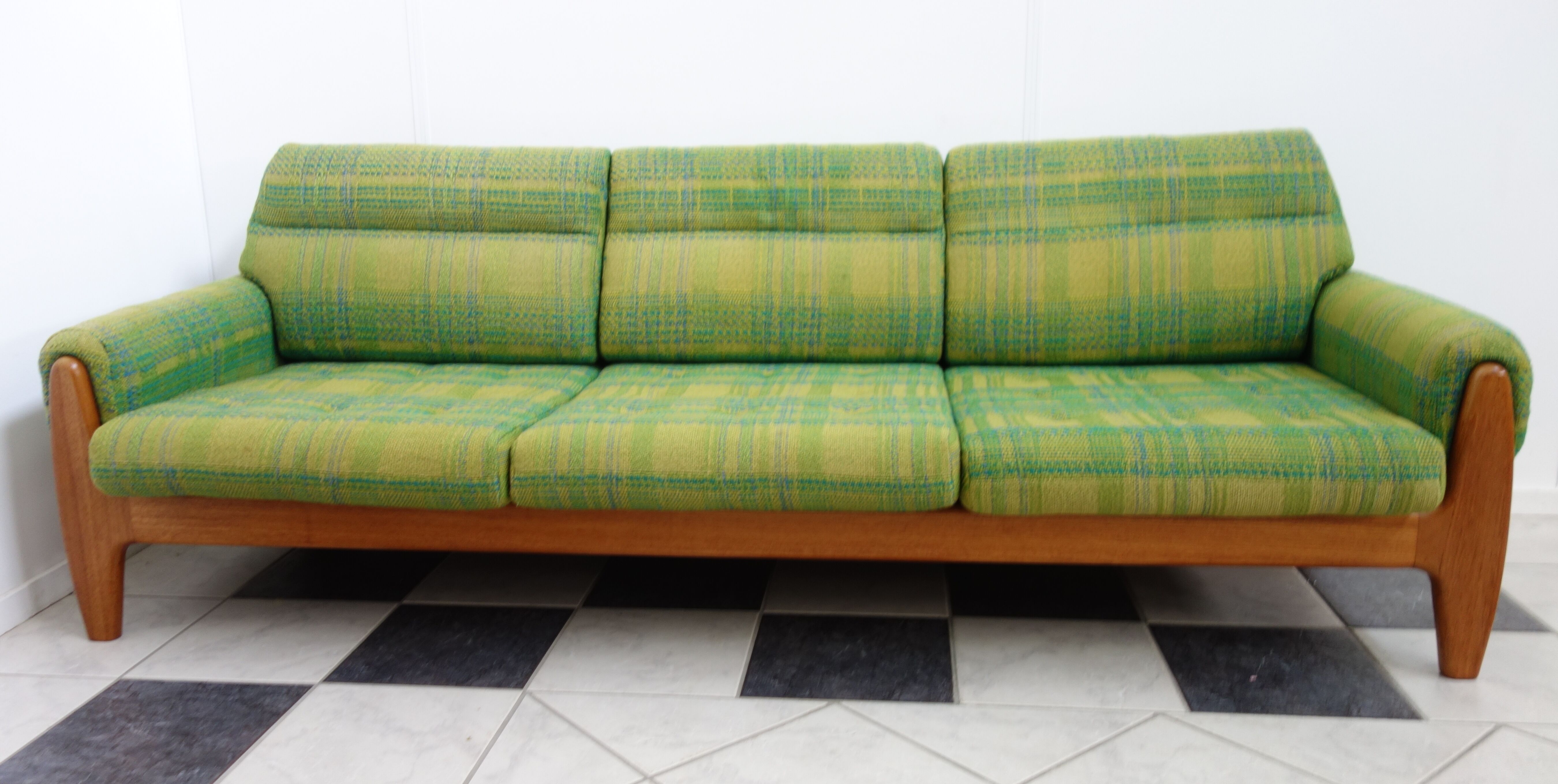 Green three seat sofa Teak frame