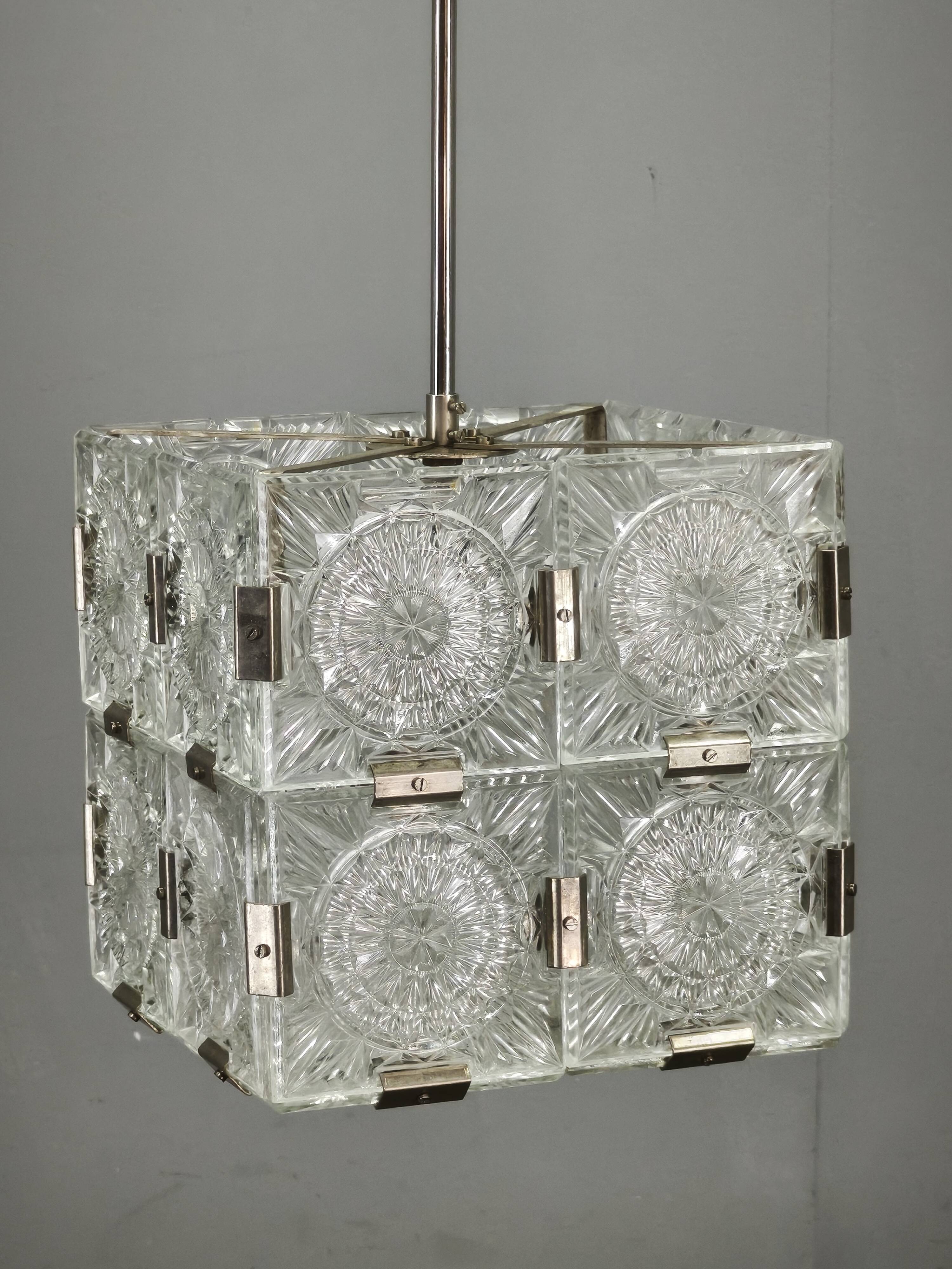1970s Czech Geometric Pressed Glass and Chrome Cube Pendant Light