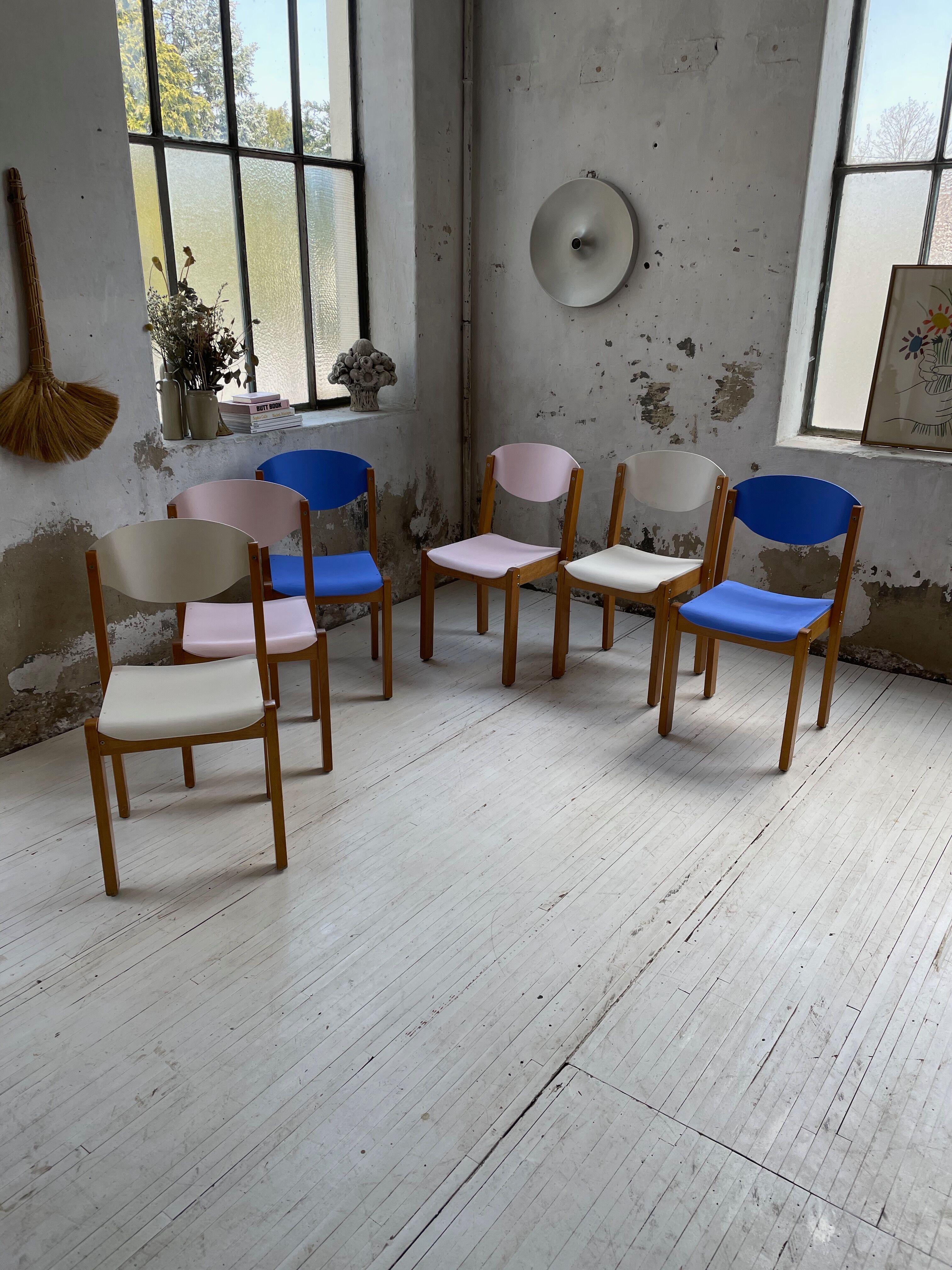 6 colorful 80s beech chairs