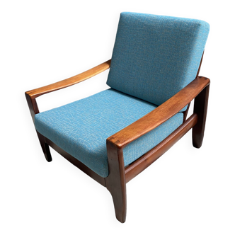 Fauteuil scandinave années 1960 tissu bleu