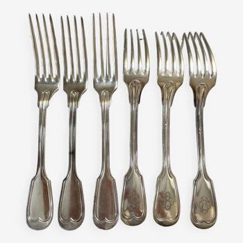 6 fourchettes monogrammees en métal argenté