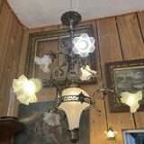19th century brass and bronze chandelier, Napoleon III, illuminated by 6 tulips and a central globe