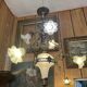 19th century brass and bronze chandelier, Napoleon III, illuminated by 6 tulips and a central globe