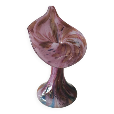 Vase Volubilis en verre d Art Murano. Moucheté fond rose. Haut 21 cm