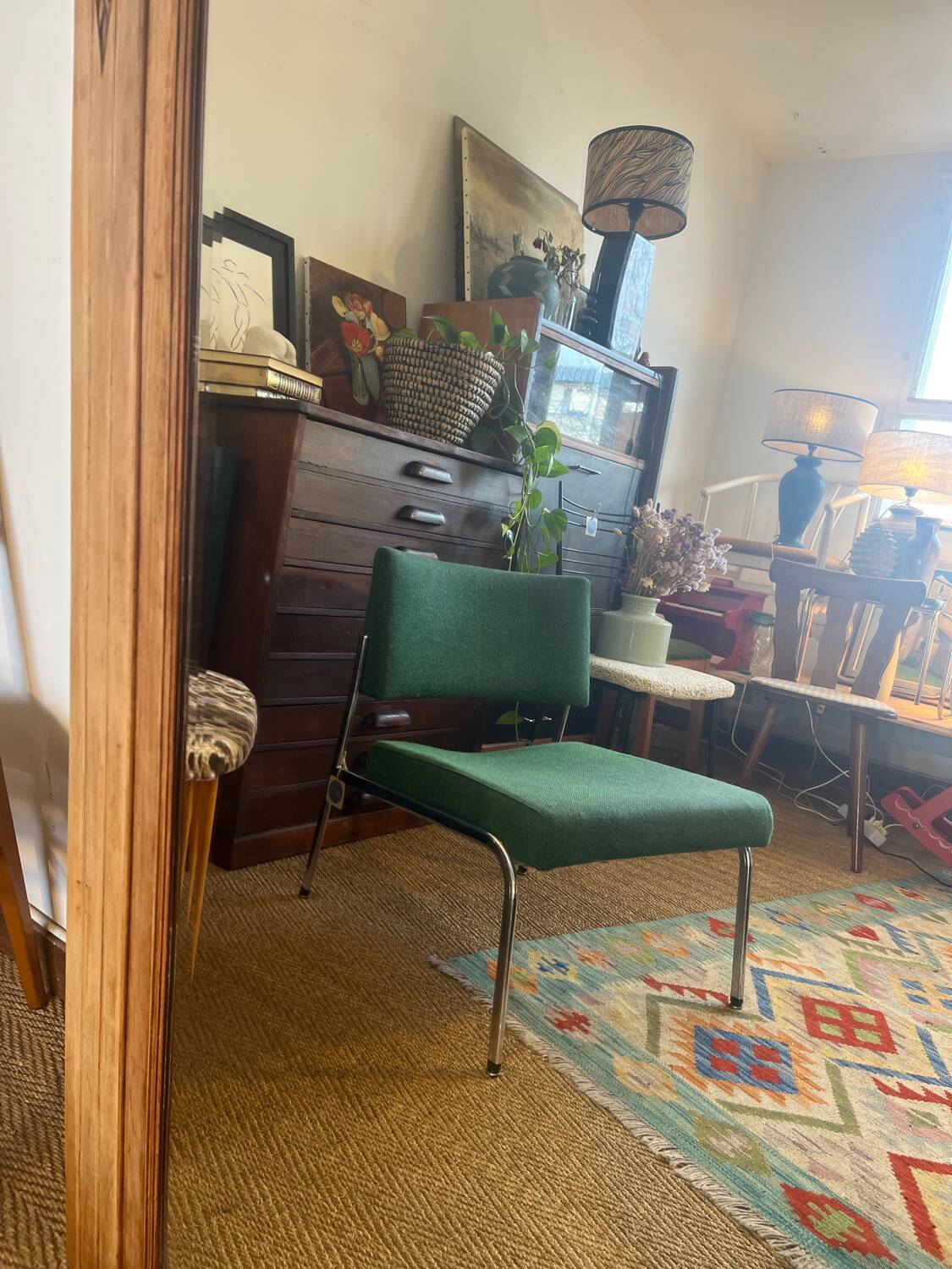 Large old art deco mirror in wood and beveled glass