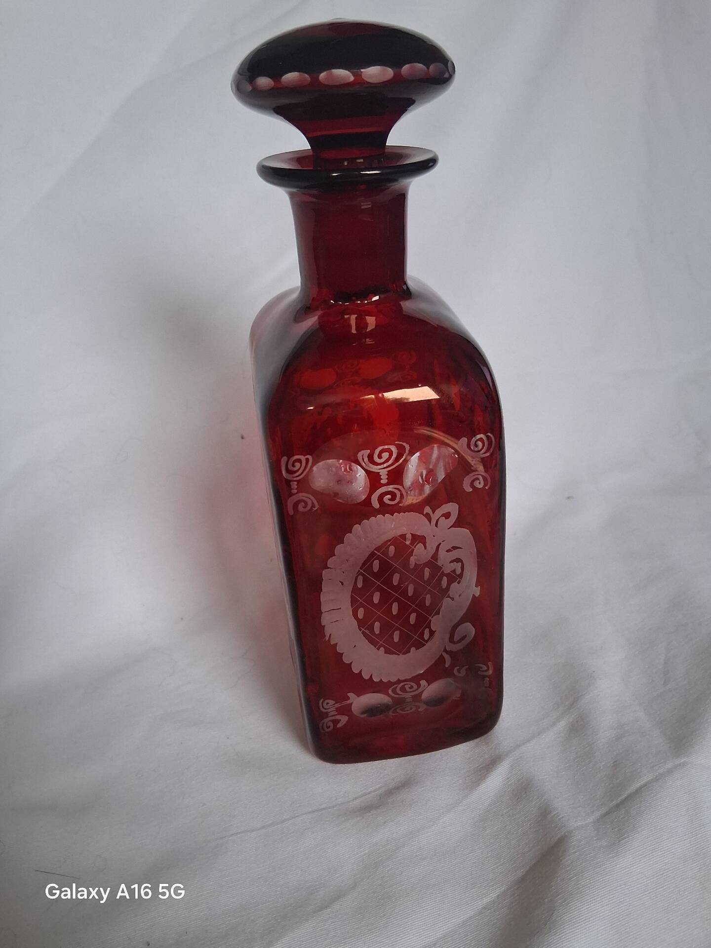 Antique Bohemian Crystal Carafe Egermann Ruby Red Engraved.