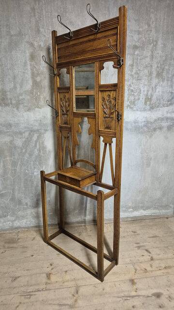 Vintage carved oak hall tree with mirror and coat hooks, early 20th century, 192 × 72 × 24 cm