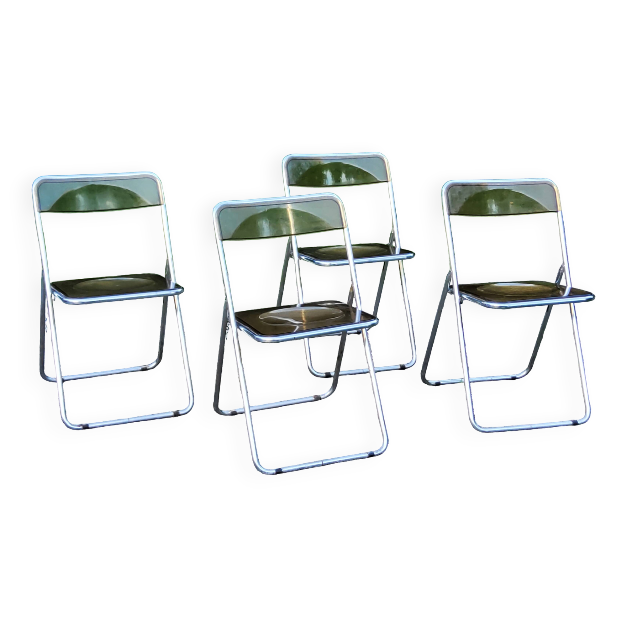 Set of 4 70s design folding chairs in smoked plexiglass and chrome metal