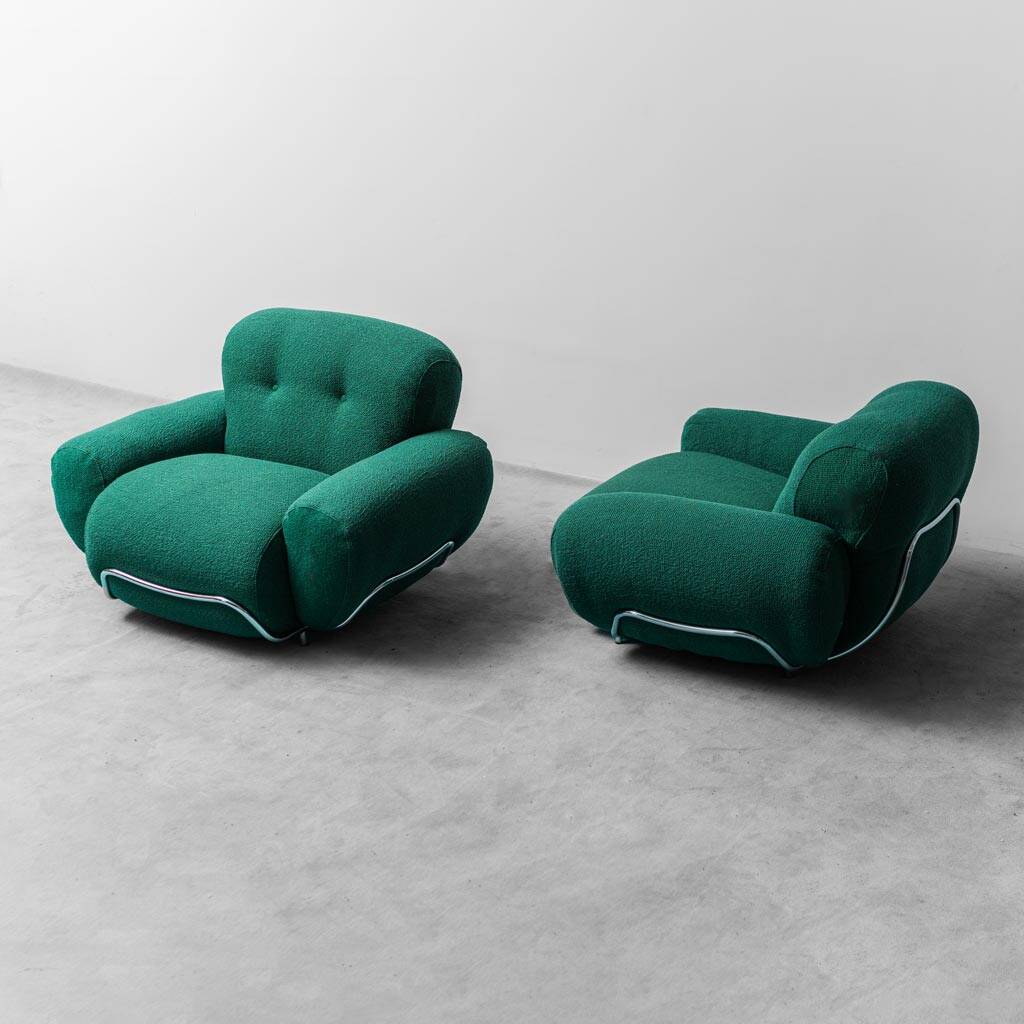 COPPIA DI POLTRONE IN TESSUTO VERDE ANNI ’70 VINTAGE MODERNARIATO