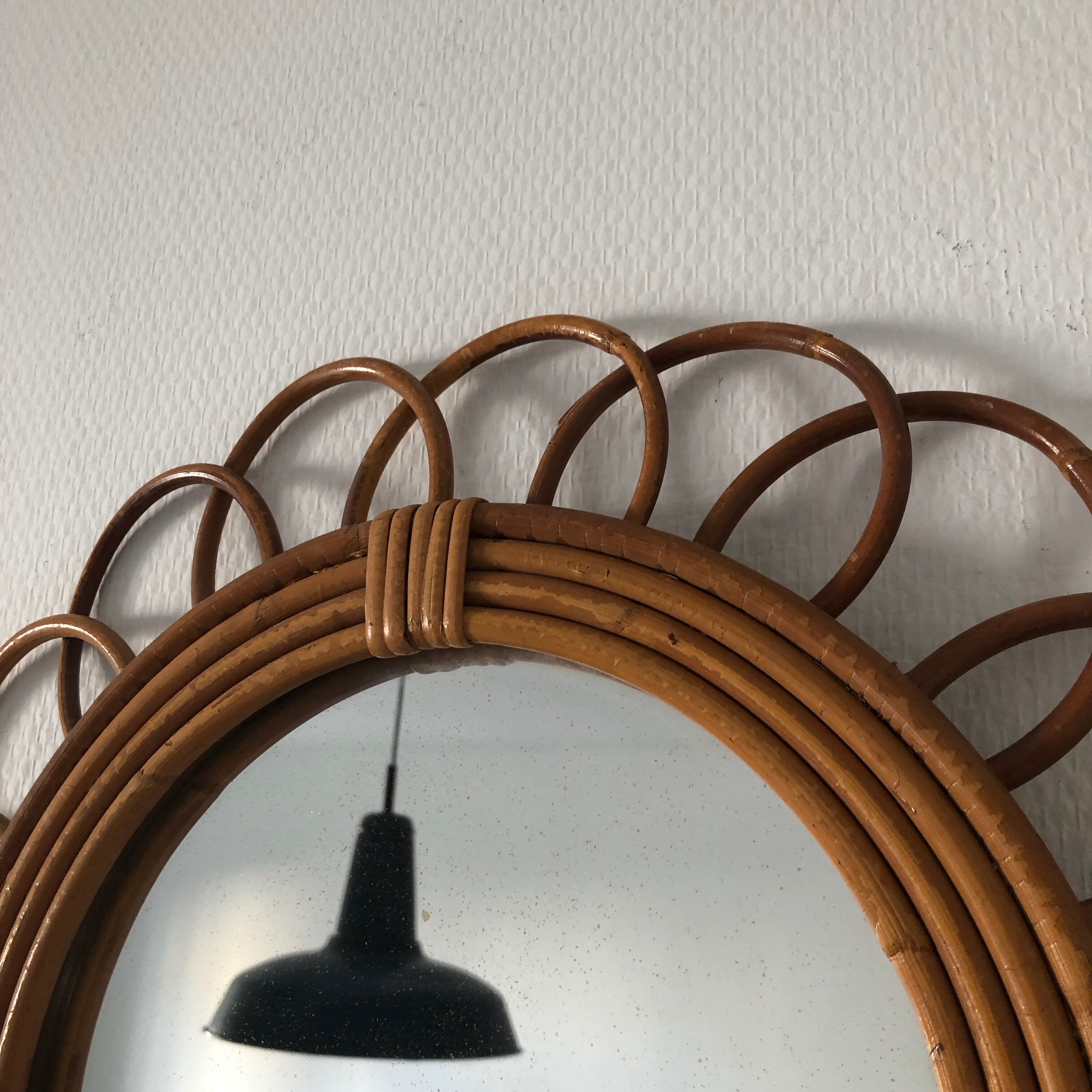 Miroir soleil fleur rotin 43cm vintage 1960