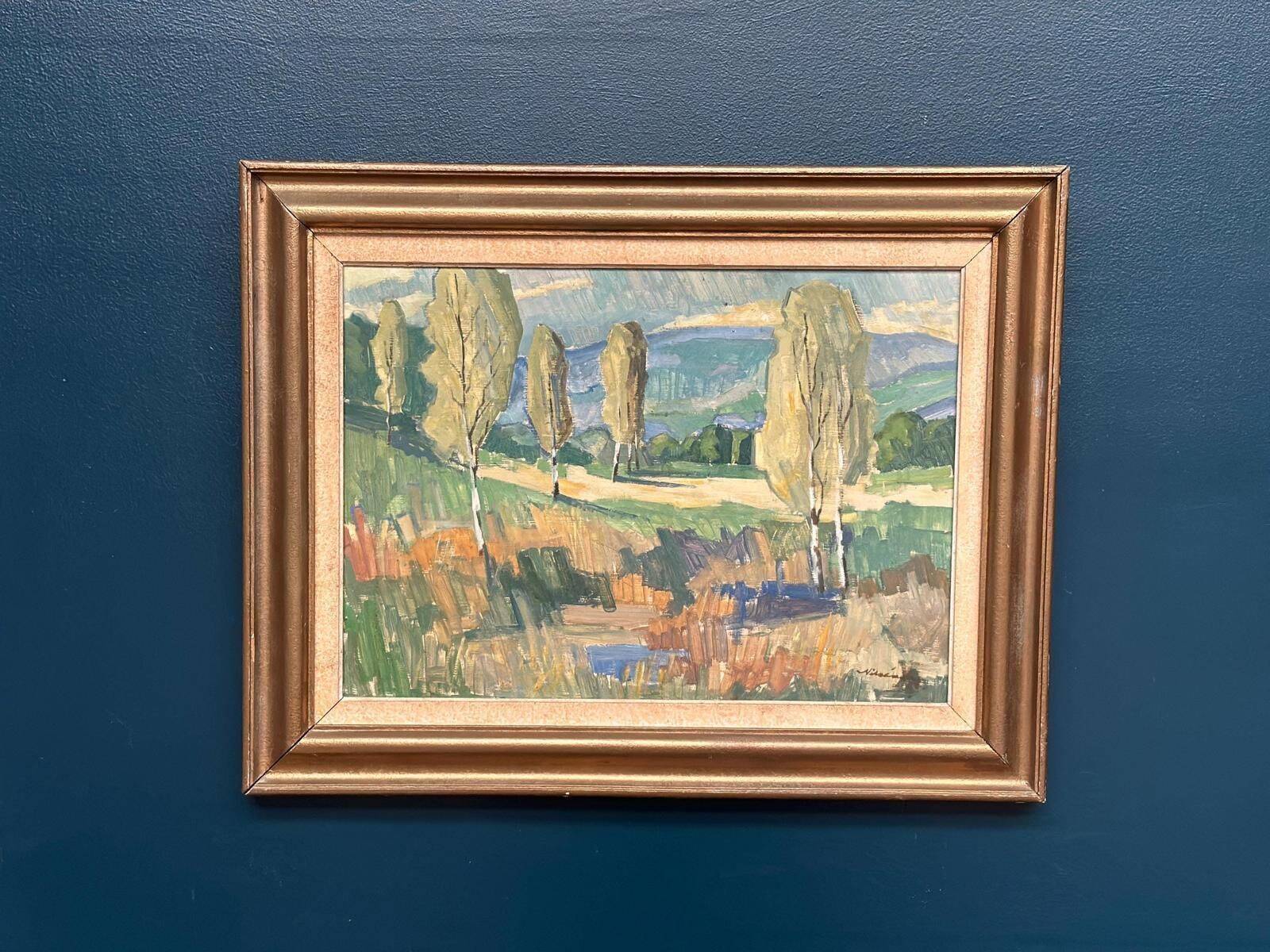 Huile sur panneau originale suédoise – « Paysage luxuriant » par Nils C. – Vintage et encadrée – 71 × 56 cm (28" × 22")
