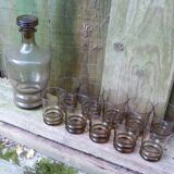 Set of 10 brown glasses and a carafe made in Belgium