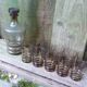 Set of 10 brown glasses and a carafe made in Belgium