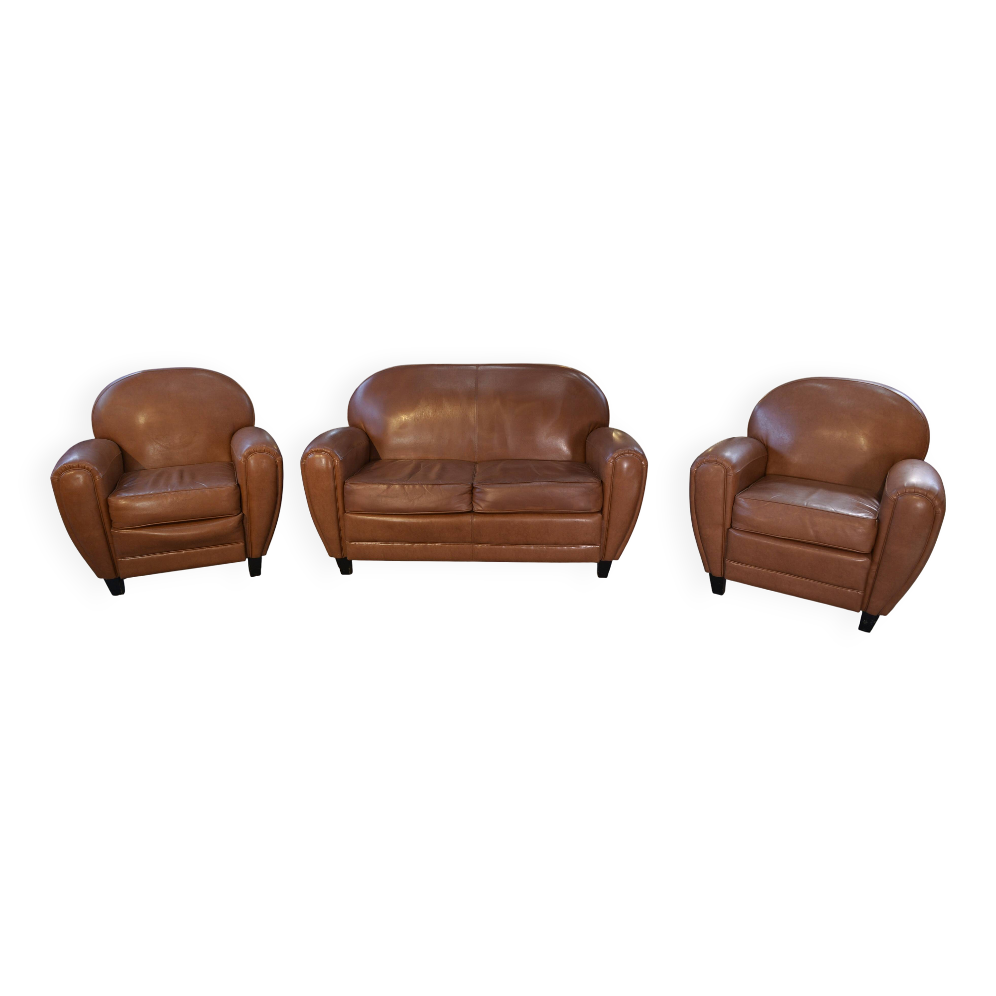 Ensemble 2 fauteuils club en simili cuir camel 1980’s