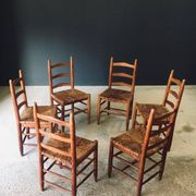 Low rustic ladder back dining chairs in oak and rush, Belgium, 1950s, set of 6.