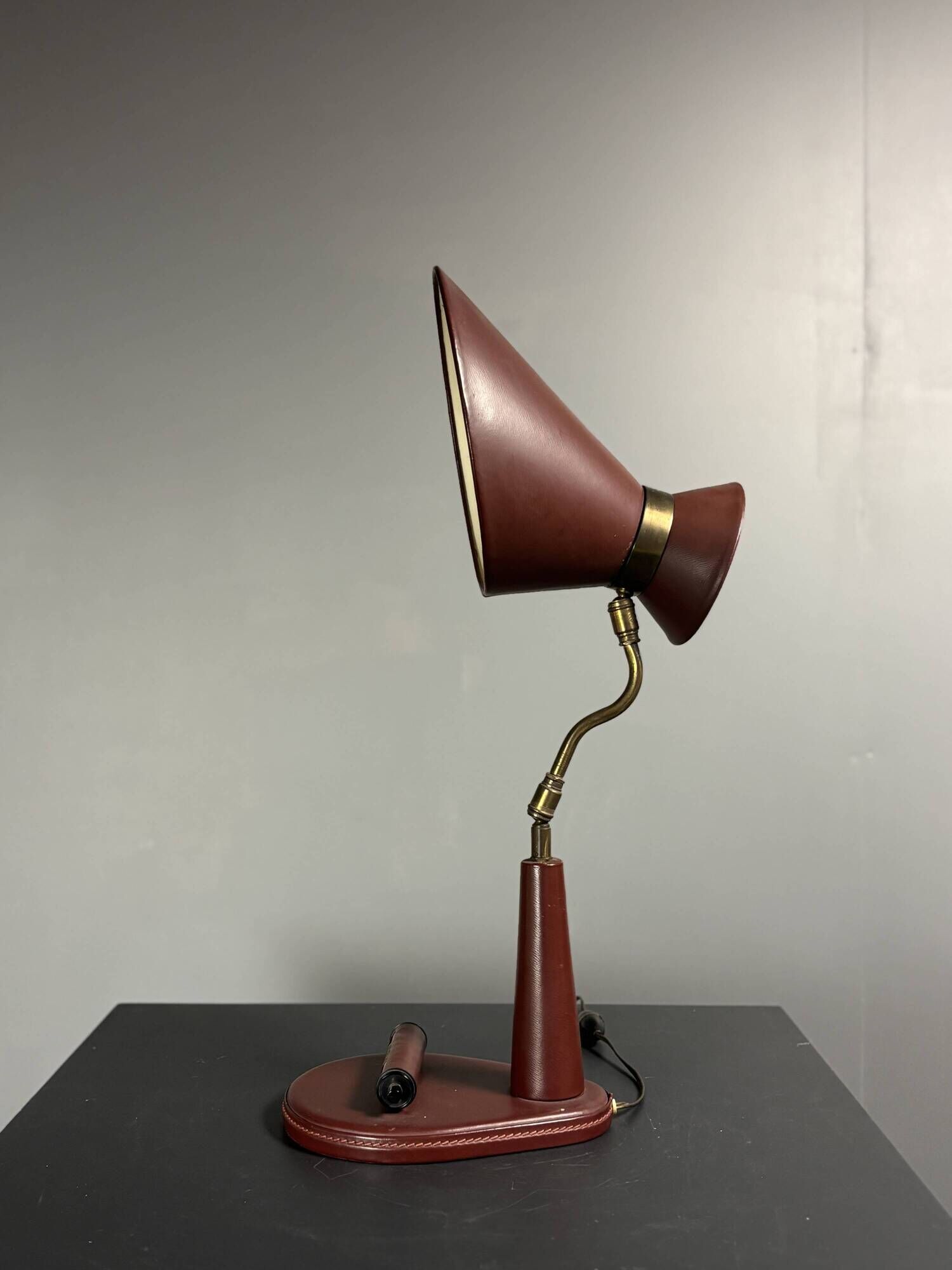 Midcentury leather wrapped French desk lamp style of Jacques Adnet, 1950s